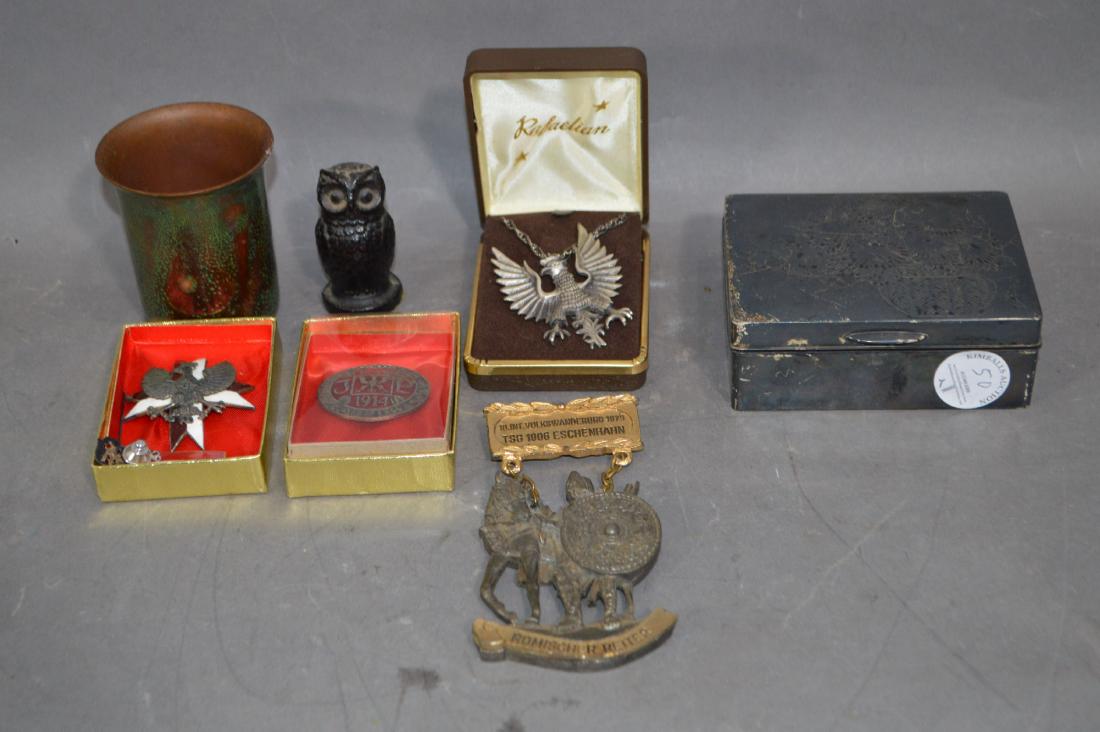 SILVER BOX, ENAMELED BEAKER AND 3 RUSSIAN POLISH MEDALS (1 of 3)