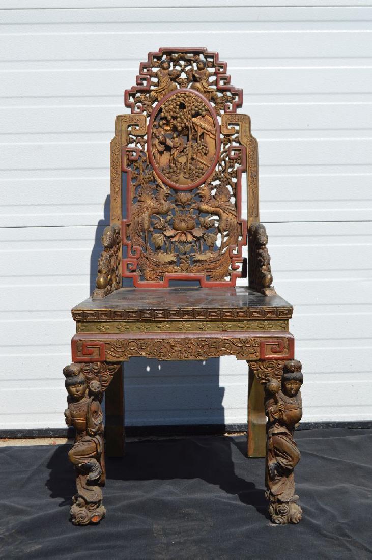 HEAVILY CARVED CHINESE CHAIR WITH FIGURES OF WOMEN AS (1 of 6)