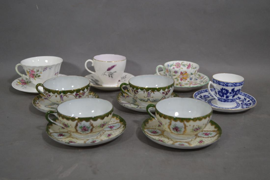 8 ANTIQUE PORCELAIN TEA CUPS AND SAUCERS, HAND PAINTED (1 of 3)