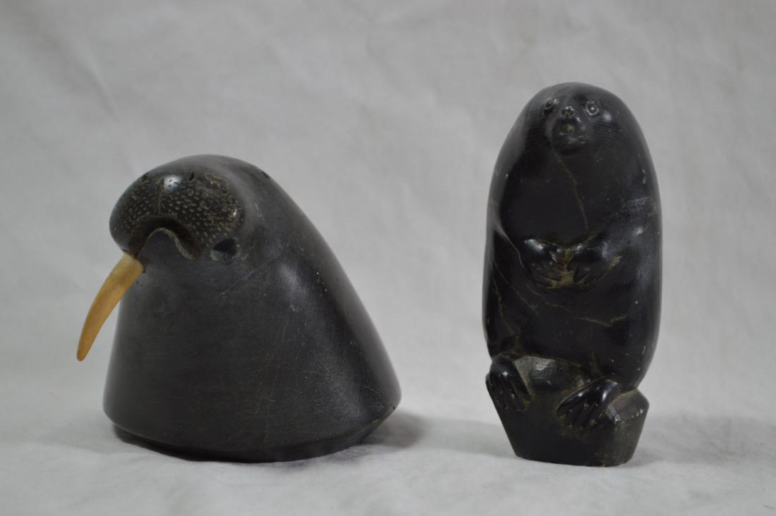 2 SIGNED INNUIT STONE CARVINGS , A SEAL AND A WALRUS (1 of 3)
