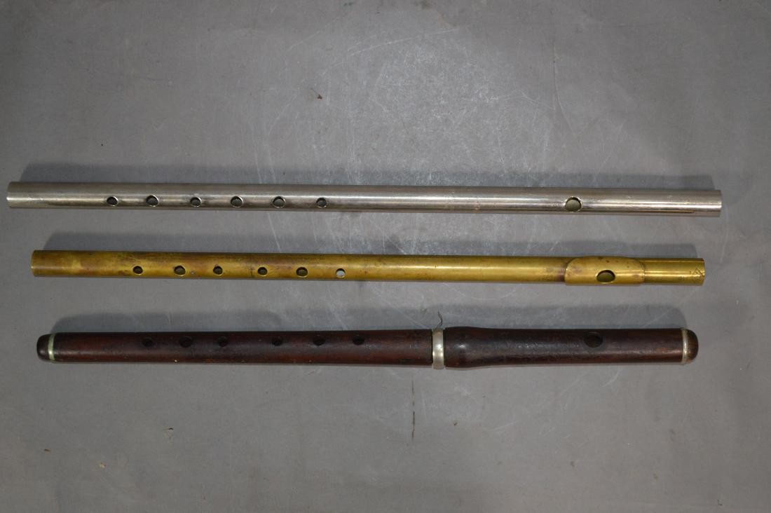 3 FIFES, 1 ROSEWOOD, 1 BRASS, AND 1 NICKEL. 17"L AND: 3 FIFES, 1 ROSEWOOD, 1 BRASS, AND 1 NICKEL. 17"L AND SMALLER