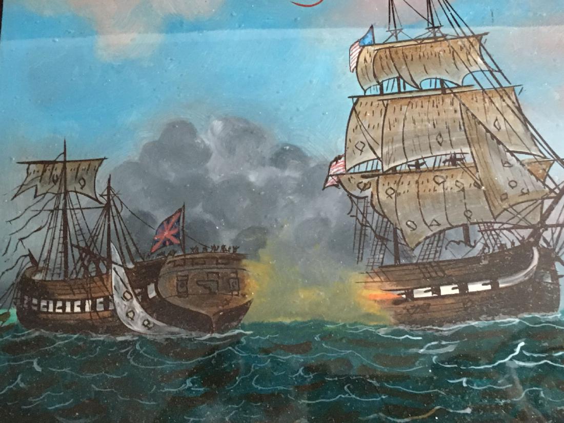 EARLY 19TH CENTURY REVERSE PAINTING OF AN ENGLISH AND: EARLY 19TH CENTURY REVERSE PAINTING OF AN ENGLISH AND AMERICAN NAVAL ENGAGEMENT 15.5" X13.5"