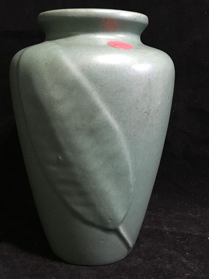 LARGE  WELLER MATTE GREEN 12"  VASE WITH CARVED LEAF (1 of 2)