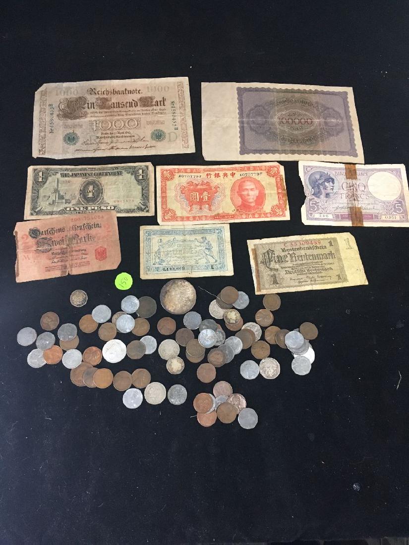 LOT OF FOREIGN AND AMERICAN COINS AND CURRENCY: LOT OF FOREIGN AND AMERICAN COINS AND CURRENCY