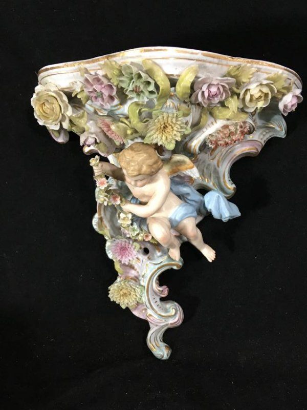 DRESDEN PORCELAIN WALL SHELF WITH CHERUB. 8"T X 4" D X (1 of 5)