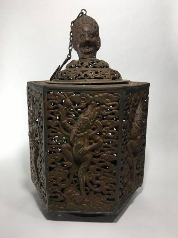 ANTIQUE CHINESE COPPER CANDLE LANTERN 12" TALL 8" (1 of 4)