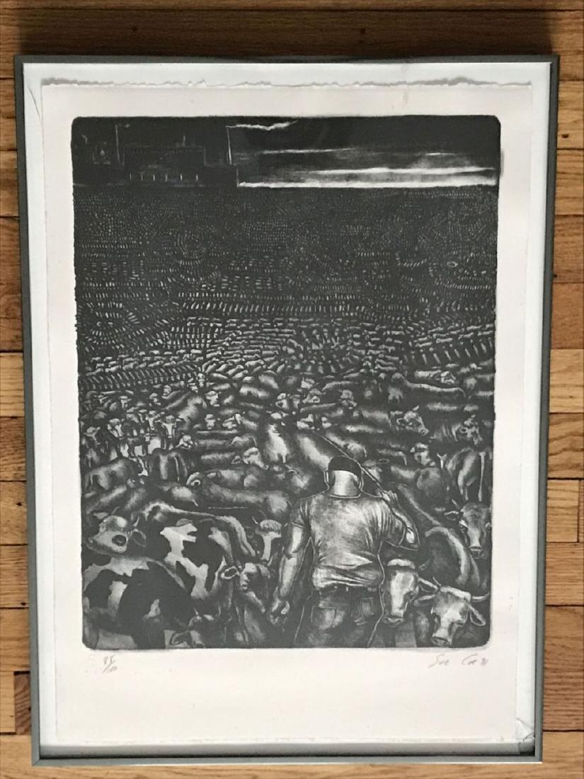 SUE COE VINTAGE 1991 PENCIL SIGNED PRINT, "COWS BEFORE (1 of 5)