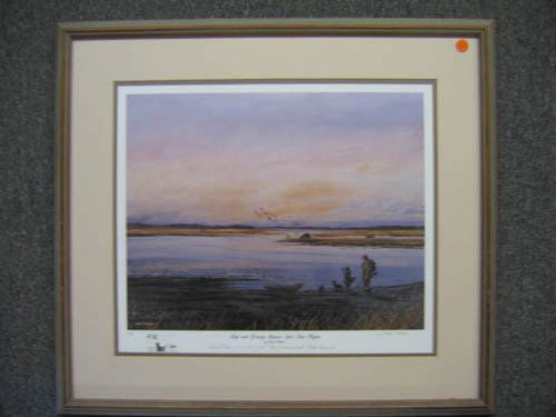 "PUP AND MASTER " SIGNED PRINT HANK WALKER: "PUP AND YOUNG MASTER SPOT LATE FLIGHT" BY HANK WALKER PENCIL SIGNED ORIGINAL LIMITED EDITION PRINT # 21/ 50 25"W x 23"H