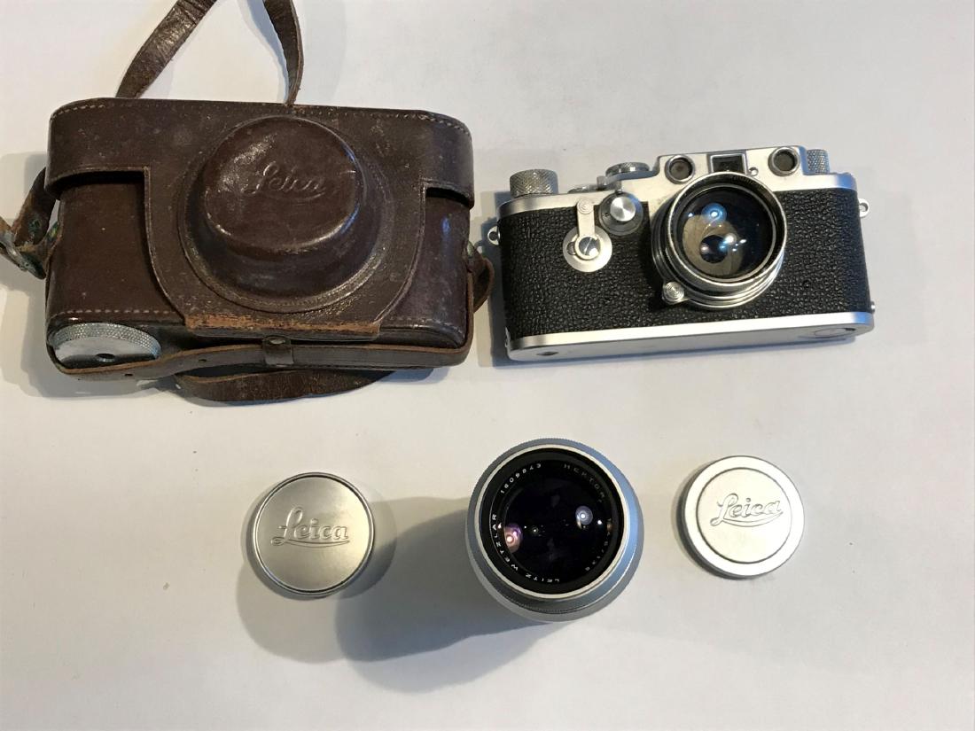 A LEICA 3c ,1949, CAMERA WITH 50MM SUMMITAR LENS AND A: A LEICA 3c ,1949, CAMERA WITH 50MM SUMMITAR LENS AND A 135 MM HEKTAR LENS, LENS CAPS, CASE