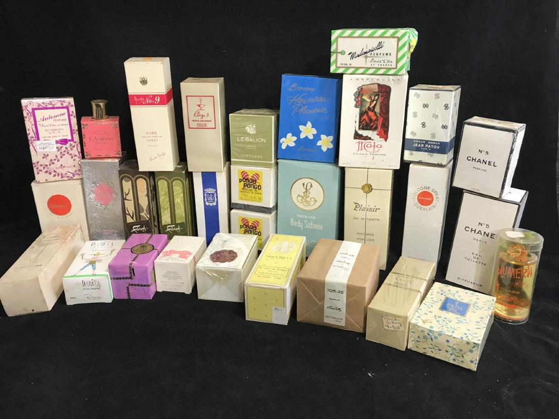 A LOT OF 30+ MOSTLY UNOPENED VINTAGE PERFUMES, CHANEL ,: A LOT OF 30+ MOSTLY UNOPENED VINTAGE PERFUMES, CHANEL , JEAN PATOU , ETC.