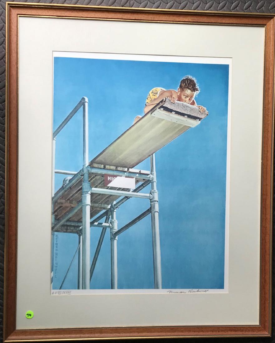 ORIGINAL PENCIL SIGNED NORMAN ROCKWELL PRINT "HIGH: ORIGINAL PENCIL SIGNED NORMAN ROCKWELL PRINT "HIGH DIVE". ARTIST'S PROOF 27" X 33" , 18" X 24" SIGHT