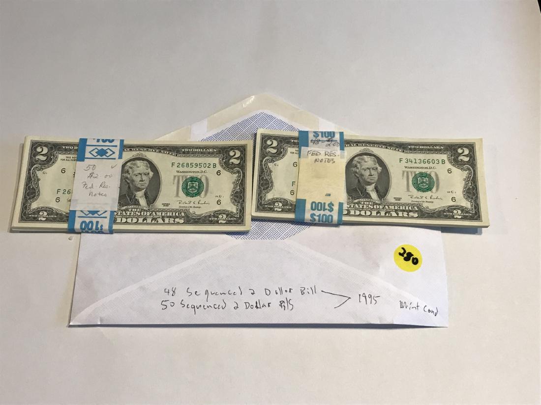 98 SEQUENCED 1995 MINT 2 DOLLAR BILLS (ONE SET 48, ONE: 98 SEQUENCED 1995 MINT 2 DOLLAR BILLS (ONE SET 48, ONE SET 50)