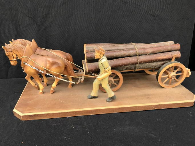 Anri 20" Carved Wood Horse Drawn Log Wagon In Excellent