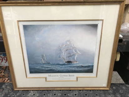 PENCIL SIGNED TIM THOMPSON PRINT OF A CUTTER SHIP IN: PENCIL SIGNED TIM THOMPSON PRINT OF A CUTTER SHIP IN FINE FRAME. 29" X 34"