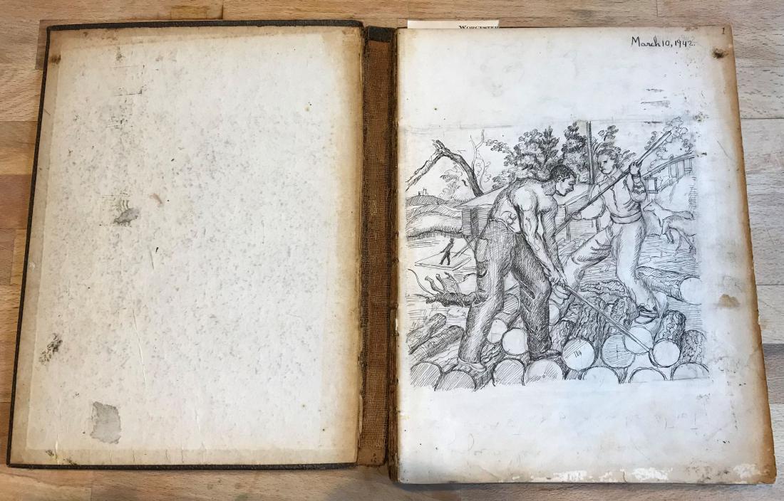 LISTED WPA ARTIST DOROTHY EATON'S PERSONAL SKETCHBOOK .: LISTED WPA ARTIST DOROTHY EATON'S PERSONAL SKETCHBOOK . CONTAINING DRAWINGS , WATERCOLORS, SKETCHES AND PERSONAL NOTES FROM 1942. 8.5"X 11" 150 + PAGES