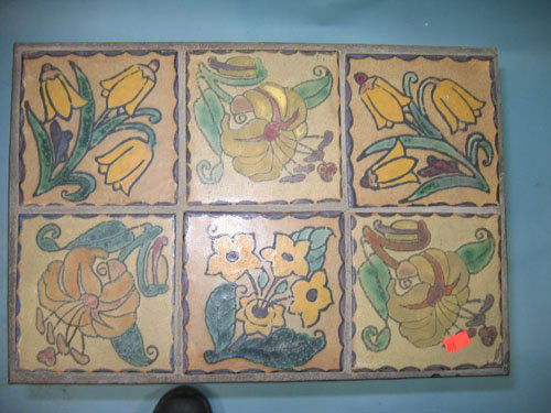 ANTIQUE IRON TABLE WITH GOUDA TILE TOP, NICE IR: ANTIQUE IRON TABLE WITH GOUDA TILE TOP, NICE IRON TABLE TURNED LEGS LEAF DECORATION, 20"H x 12"D x 18.5" L