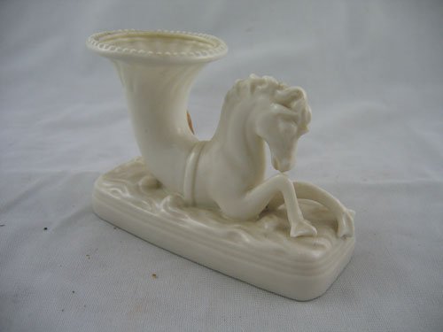 BLACK MARK BELLEEK SEA HORSE VASE, 5"L X 3 1/2