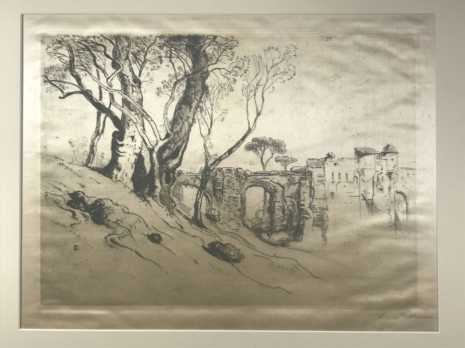 A PENCIL SIGNED SAMUEL COLMAN ETCHING ON SILK. "RUINS": A PENCIL SIGNED SAMUEL COLMAN ETCHING ON SILK. "RUINS" 16"X12" SIGHT. AGE DISCOLORATION