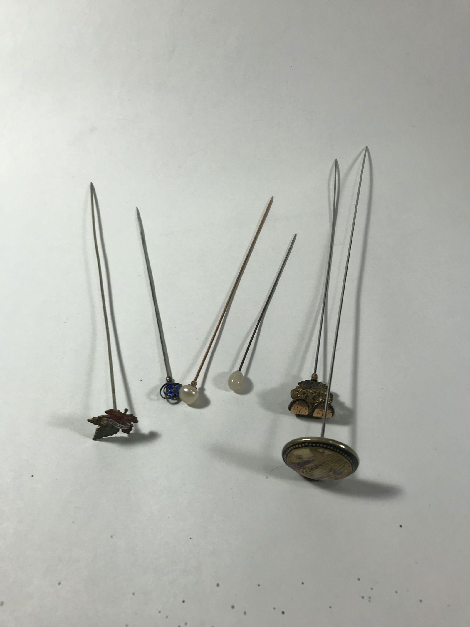 6 ANTIQUE HAT PINS IN BOX 11" LONG AND SMALLER (1 of 7)