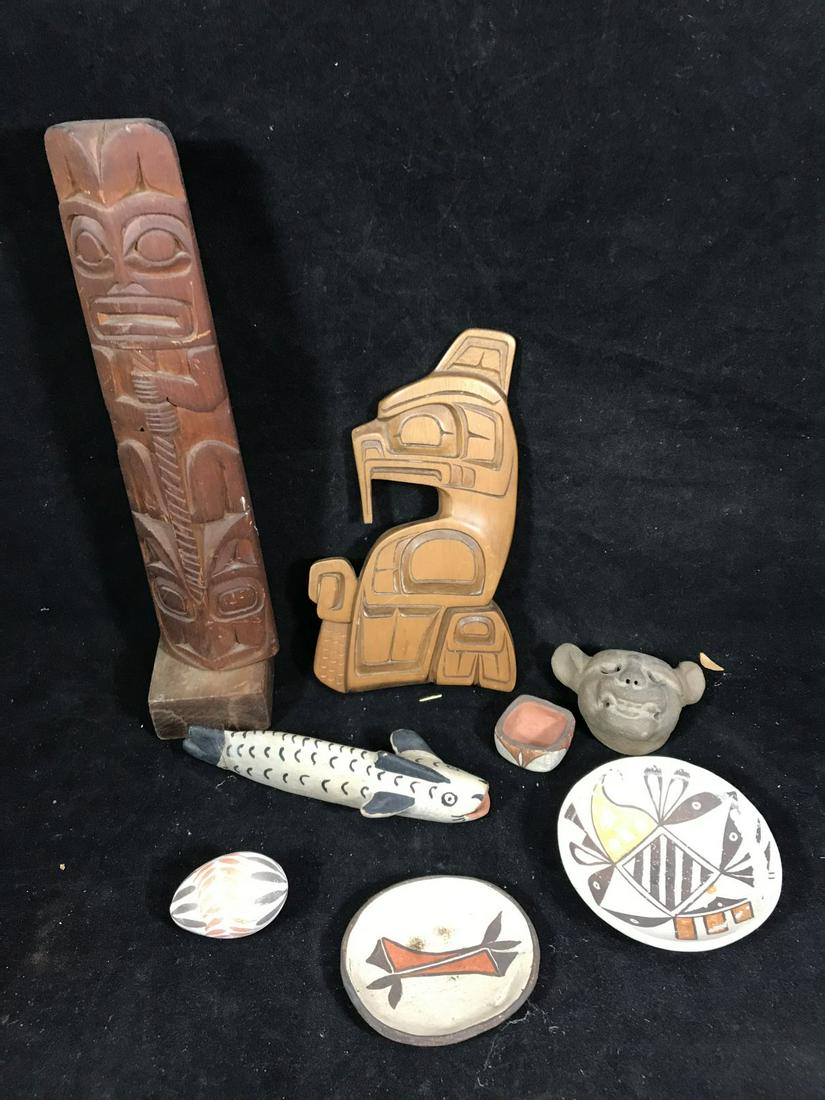 5 PIECES ACOMA POTTERY AND 2 PIECES WOODENWARE 14" AND (1 of 4)