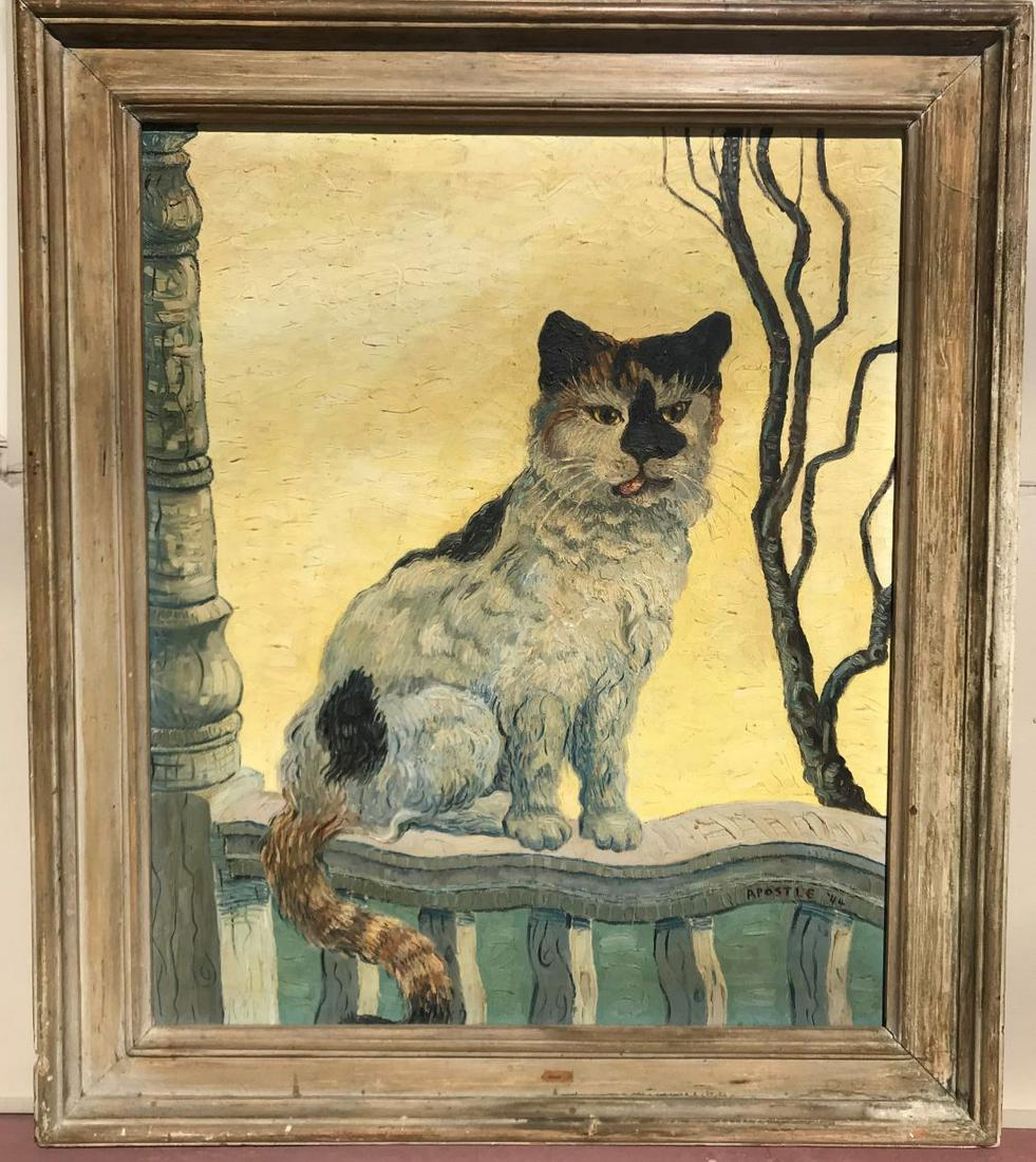 AN OUTSIDER ART JAMES APOSTLE OIL ON CANVAS PAINTING: AN OUTSIDER ART JAMES APOSTLE OIL ON CANVAS PAINTING OF A CAT "PUDGY". SIGNED TITLED AND DATED 32" X 37"