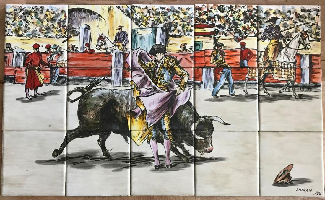 A 1956 HANDPAINTED SPAINISH TILE MURAL OF A BULLFIGHT (1 of 5)