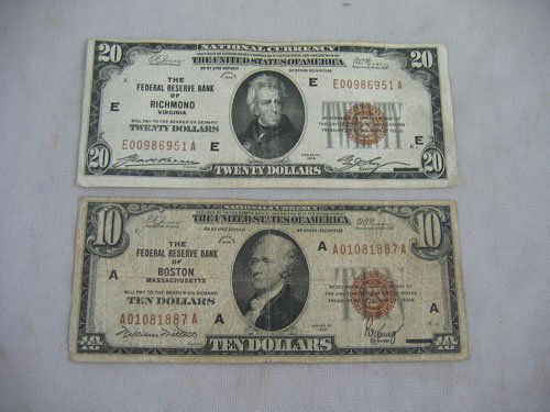 1929 $20 DOLLAR BILL (FEDERAL RESERVE RICHMOND): 1929 $20 DOLLAR BILL (FEDERAL RESERVE RICHMOND), 1929 $10 DOLLAR BILL (FEDERAL RESERVE BOSTON)