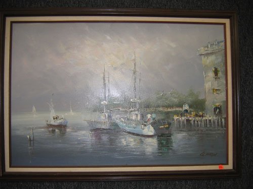 OIL ON CANVAS SEASCAPE BOATS SIGNED G. MORGAN