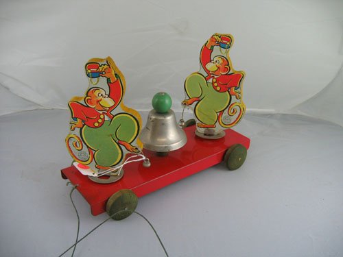 N.N. HILL 1930S DANCING MONKEYS PULL TOYS, WOO: N.N. HILL 1930S DANCING MONKEYS PULL TOYS, WOODEN WHEELS ON TIN CART, ORIGINAL PULL STRING