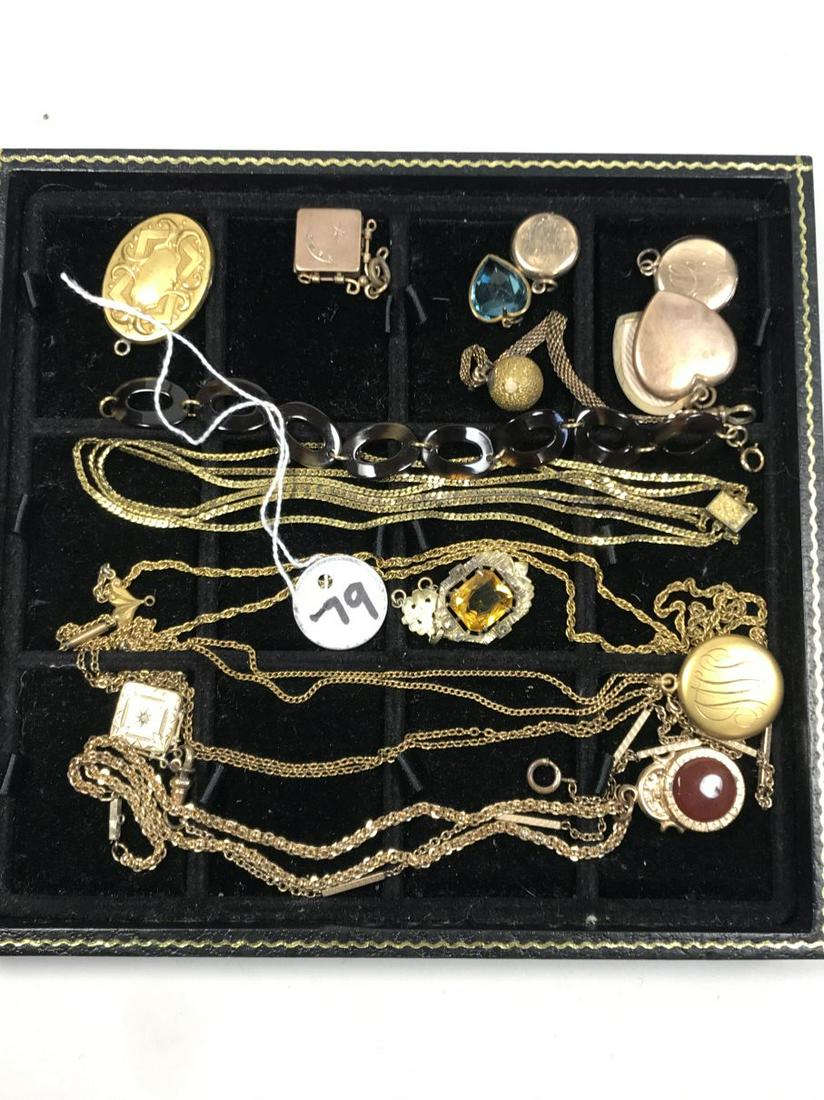 A GROUPING OF BETTER VICTORIAN GOLD FILLED JEWELRY.: A GROUPING OF BETTER VICTORIAN GOLD FILLED JEWELRY. LOT IS IN GOOD CONDITION, except for the following : Small monogrammed circle locket has minimal dents and does not open ; Medium monogrammed circle