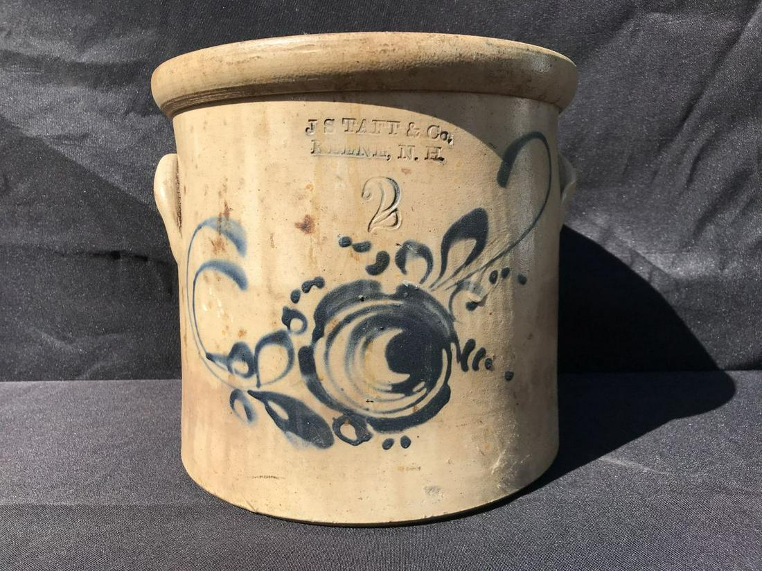 TWO GALLON JS TAP & CO. FLOWER DECORATED STONEWARE: TWO GALLON JS TAP & CO. FLOWER DECORATED STONEWARE CROCK 10" D X 9.5" TALL. THE LINCOLN ESTATE OF TURNERS FALLS