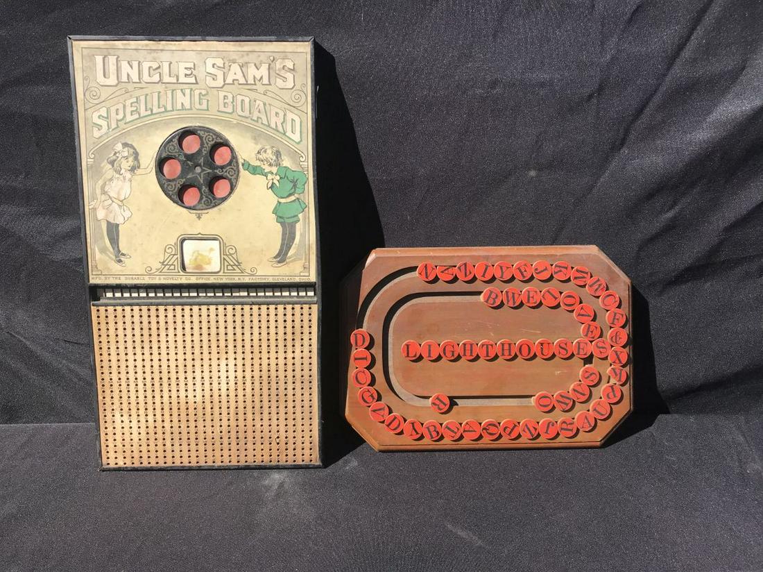 UNCLE SAM'S SPELLING BOARD 18" TALL X 10" W AND A: UNCLE SAM'S SPELLING BOARD 18" TALL X 10" W AND A UNIVERAL SPELLING BOARD 14" TALL X 9" W. THE LINCOLN ESTATE OF TURNERS FALLS