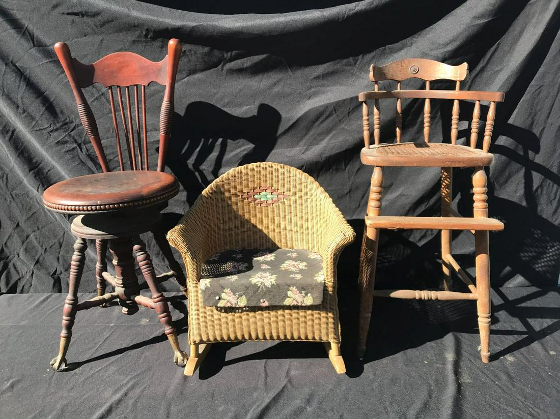 THREE VICTORIAN CHAIRS. ONE CLAWFOOT PIANO STOOL, ONE: THREE VICTORIAN CHAIRS. ONE CLAWFOOT PIANO STOOL, ONE HEYWOOD WAKEFIELD CHILDS ROCKER, ONE OAK HIGHCHAIR. THE LINCOLN ESTATE OF TURNERS FALLS