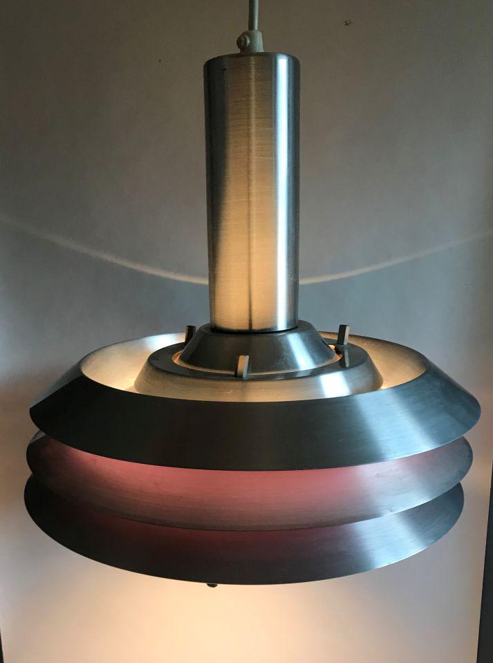 POUL HENNINGSEN FOR LOUIS POULSEN HANGING LIGHT WITH: POUL HENNINGSEN FOR LOUIS POULSEN HANGING LIGHT WITH RARE PURPLE INTERIOR 11"T X 11"D. PROPERTY FROM THE ESTATE OF LEIF WESSMAN