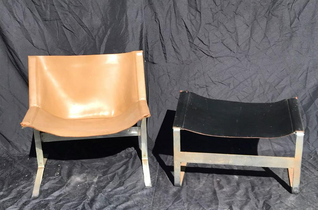 A CLEMENT MEADMORE CHROME AND LEATHER SLING CHAIR WITH: A CLEMENT MEADMORE CHROME AND LEATHER SLING CHAIR WITH HASSOCK AND FOUR VINTAGE LEATHER SEAT REPLACEMENTS. THE HASSOCK PROPERTY FROM THE ESTATE OF LEIF WESSMAN 28" H X 24" D X 28" W 18" TO THE SEAT OT