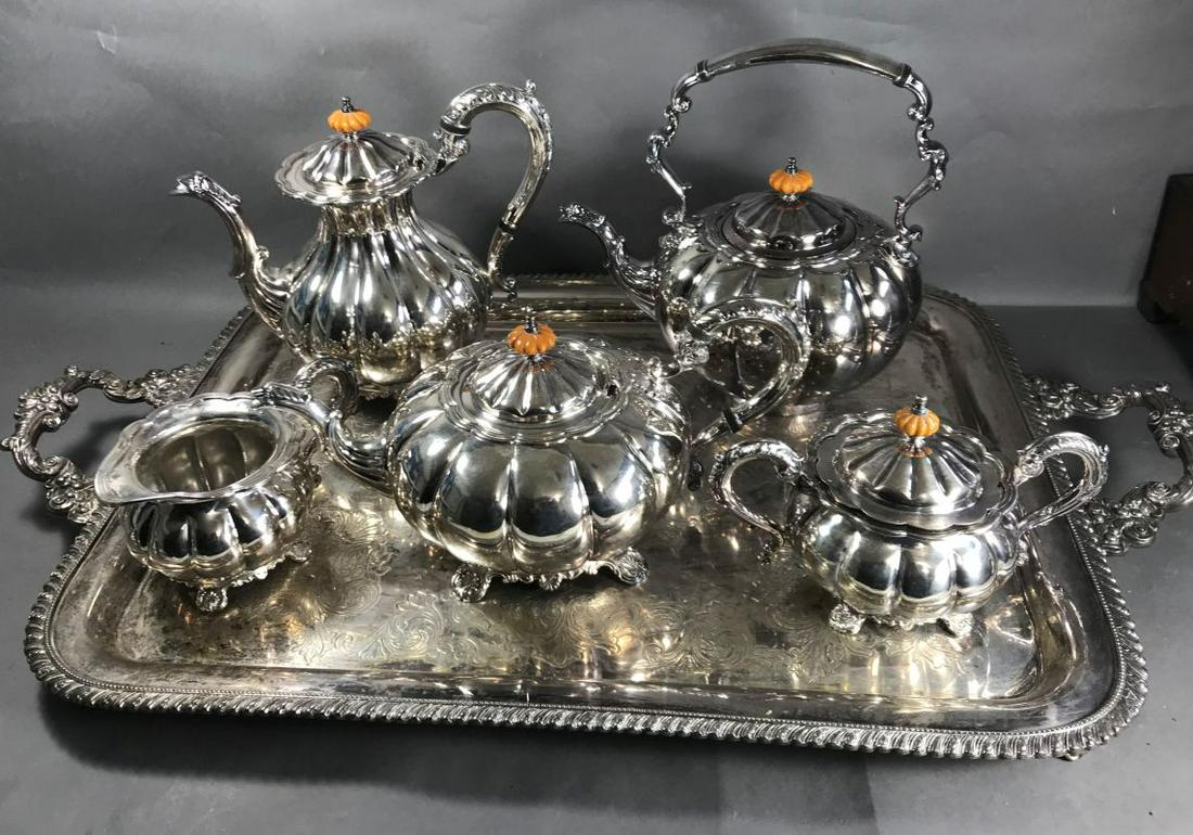 A FINE ANTIQUE SHEFFIELD COFFEE AND TEA SERVICE WITH: A FINE ANTIQUE SHEFFIELD COFFEE AND TEA SERVICE WITH COMPATABLE TRAY. PROPERTY FROM A FINE NORTHAMPTON ESTATE