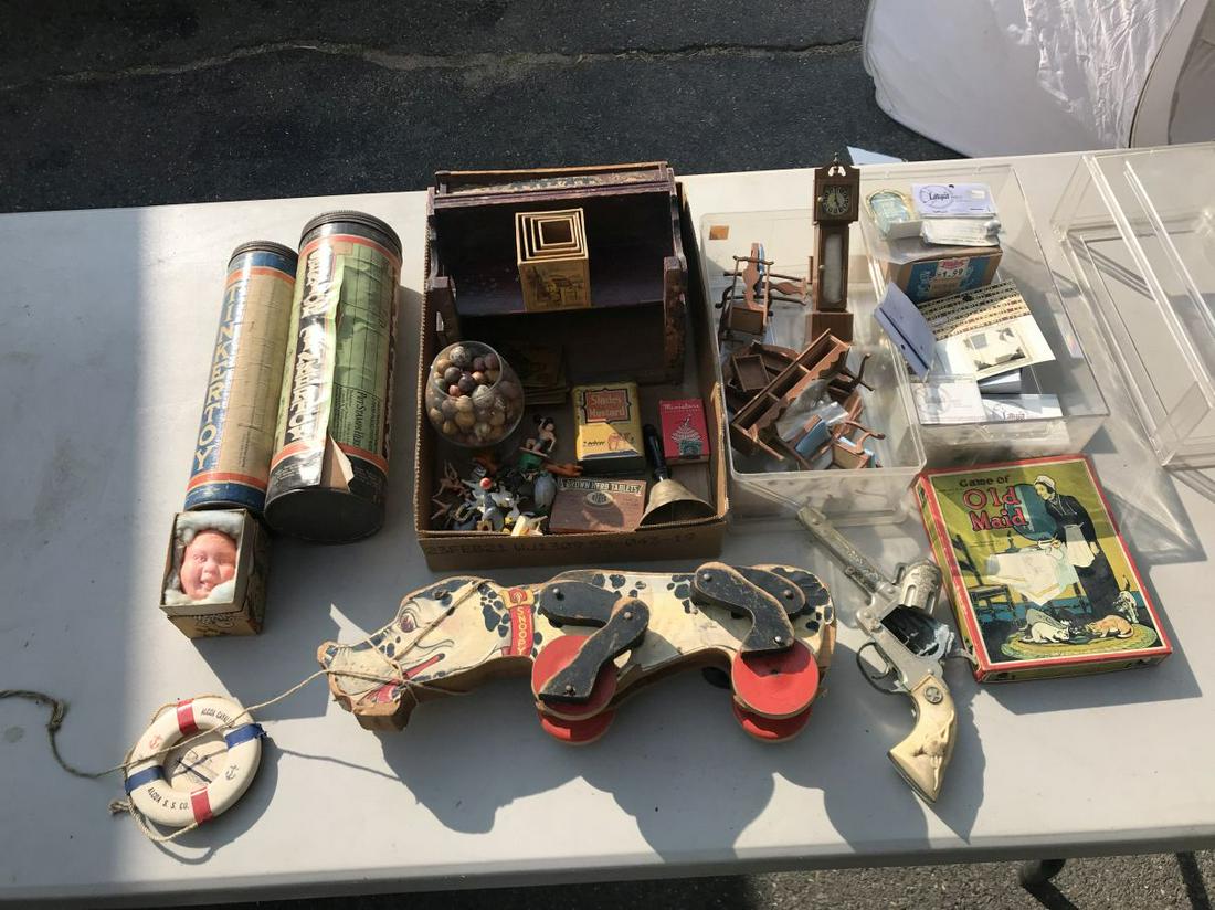 LARGE TOY LOT INCLUDES MARBLES ,PIANO TINKER TOYS ETC.: LARGE TOY LOT INCLUDES MARBLES ,PIANO TINKER TOYS ETC. THE LINCOLN ESTATE OF TURNERS FALLS