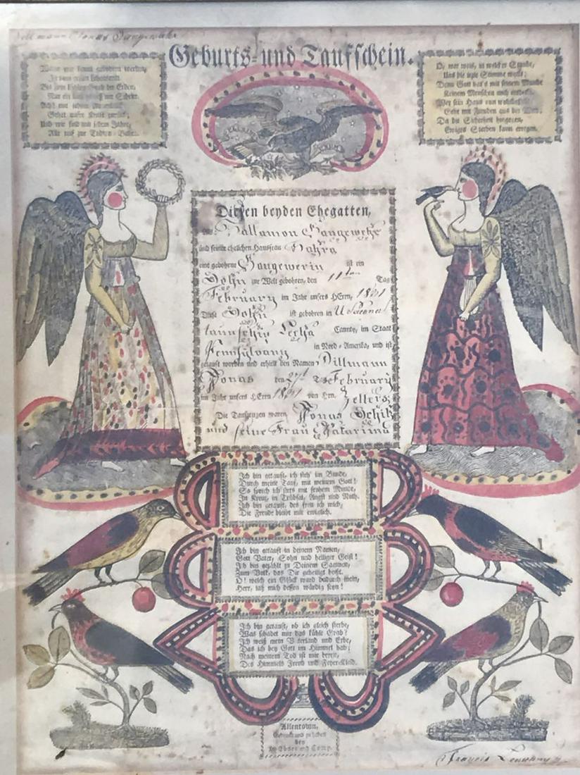 PENNSYLVANIA DUTCH FRAKTUR 19.5" X 15.5". PROPERTY: PENNSYLVANIA DUTCH FRAKTUR 19.5" X 15.5". PROPERTY FROM THE OLD NEWFANE INN OF VERMONT