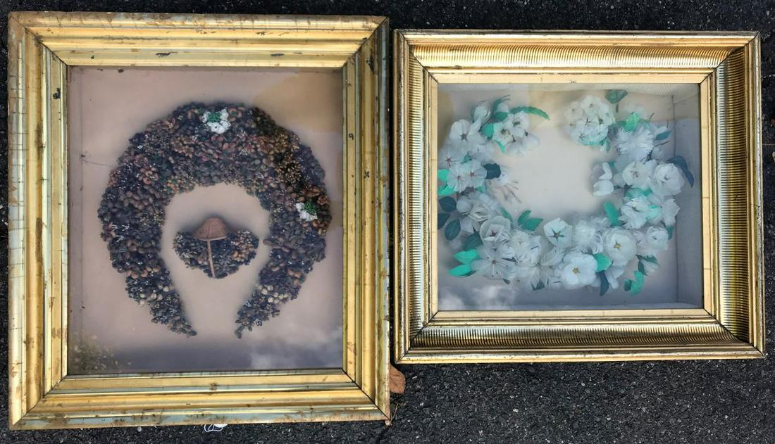 2 FLORAL MEMORIAL WREATHS IN SHADOWBOX LEMON GOLD: 2 FLORAL MEMORIAL WREATHS IN SHADOWBOX LEMON GOLD FRAMES 18"X 16" , 18"X21". PROPERTY FROM THE OLD NEWFANE INN OF VERMONT