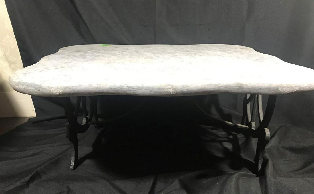 AN ANTIQUE MARBLE TOP WROUGHT IRON COFFEE TABLE 36X36: AN ANTIQUE MARBLE TOP WROUGHT IRON COFFEE TABLE 36X36 X20. PROPERTY FROM THE OLD NEWFANE INN OF VERMONT