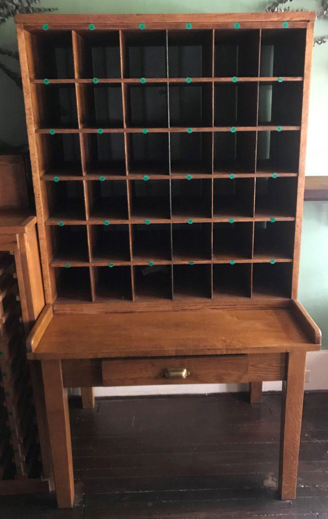 19TH CENTURY OAK POSTMASTER'S DESK W/ CUBBIES: A COUNTRY BIRCH INNKEEPERS DESK. PROPERTY FROM THE OLD NEWFANE INN OF VERMONT 70" X 31" X 39"