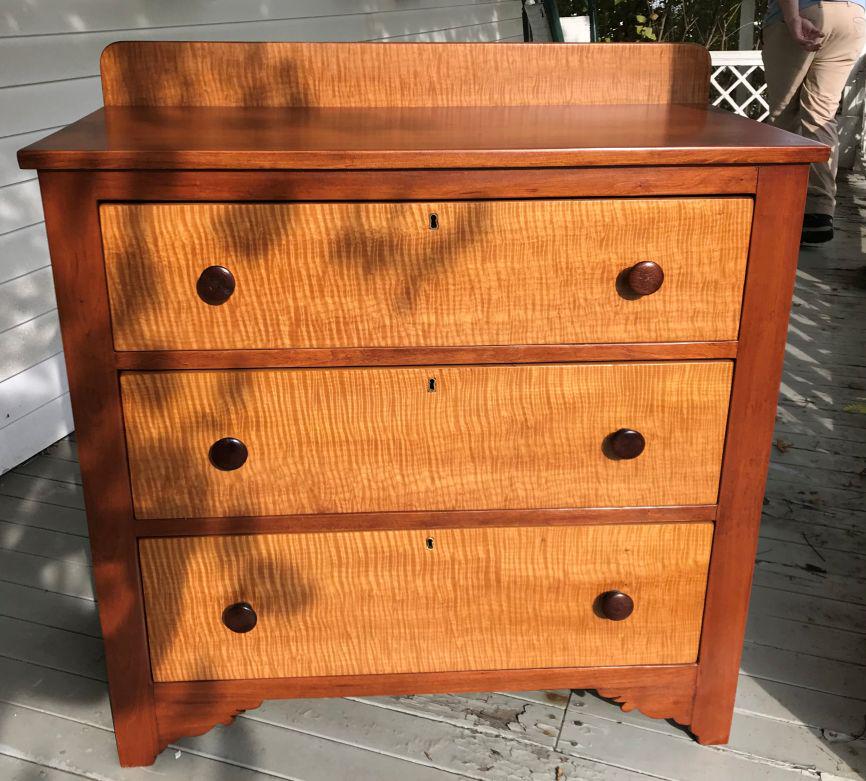 CHERRY CHEST W/ BIRDS EYE MAPLE DRAWERS 34 X 36 X 17.: CHERRY CHEST W/ BIRDS EYE MAPLE DRAWERS 34 X 36 X 17. 19TH CENTURY REFINISHED. PROPERTY FROM THE OLD NEWFANE INN.