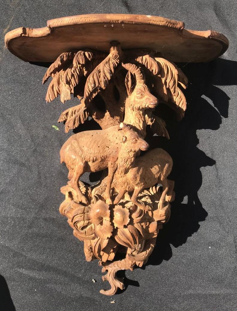 A CONTINENTAL CARVED WOOD 18TH CENTURY SHELF WITH RAMS: A CONTINENTAL CARVED WOOD 18TH CENTURY SHELF WITH RAMS 18" X 14". PROPERTY FROM THE OLD NEWFANE INN OF VERMONT