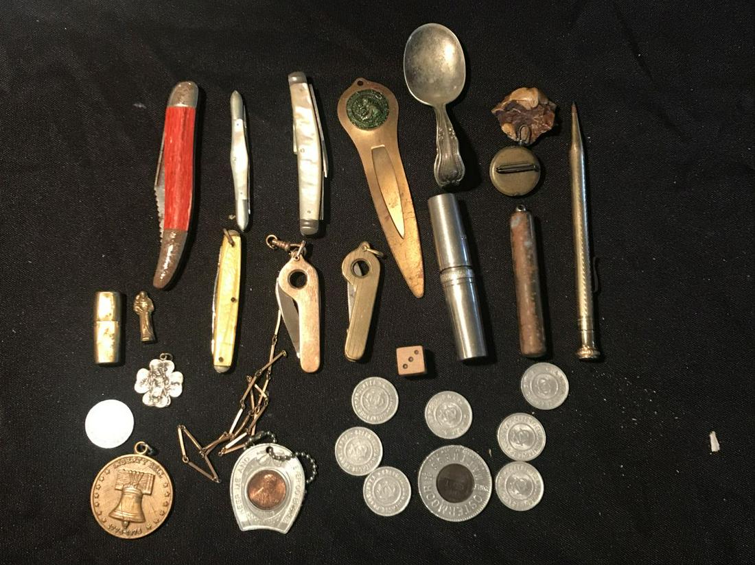 AN ANTIQUE GOLD FILLED PENCIL, 2 GF CIGAR CUTTERS ,: AN ANTIQUE GOLD FILLED PENCIL, 2 GF CIGAR CUTTERS , POCKET KNIVES AND MORE. PROPERTY FROM THE LINCOLN ESTATE OF TURNERS FALLS