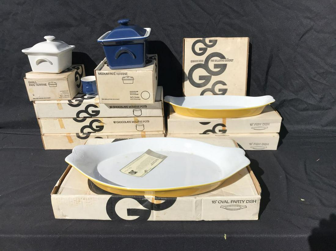 9 NEW OLD STOCK GRAHAM KERR DAINISH STONEWARE FISH: 9 NEW OLD STOCK GRAHAM KERR DAINISH STONEWARE FISH PLATES, CUSTARDS, AND CASSEROLES. PROPERTY FROM THE ESTATE OF THE LEIF WESSMANN
