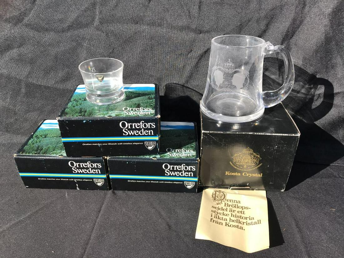 3 ORREFORS NEW OLD STOCK BOXED SETS OF MARTINI GLASSES: 3 ORREFORS NEW OLD STOCK BOXED SETS OF MARTINI GLASSES AND A KOSTA BODA MUG. PROPERTY FROM THE ESTATE OF THE LEIF WESSMANN