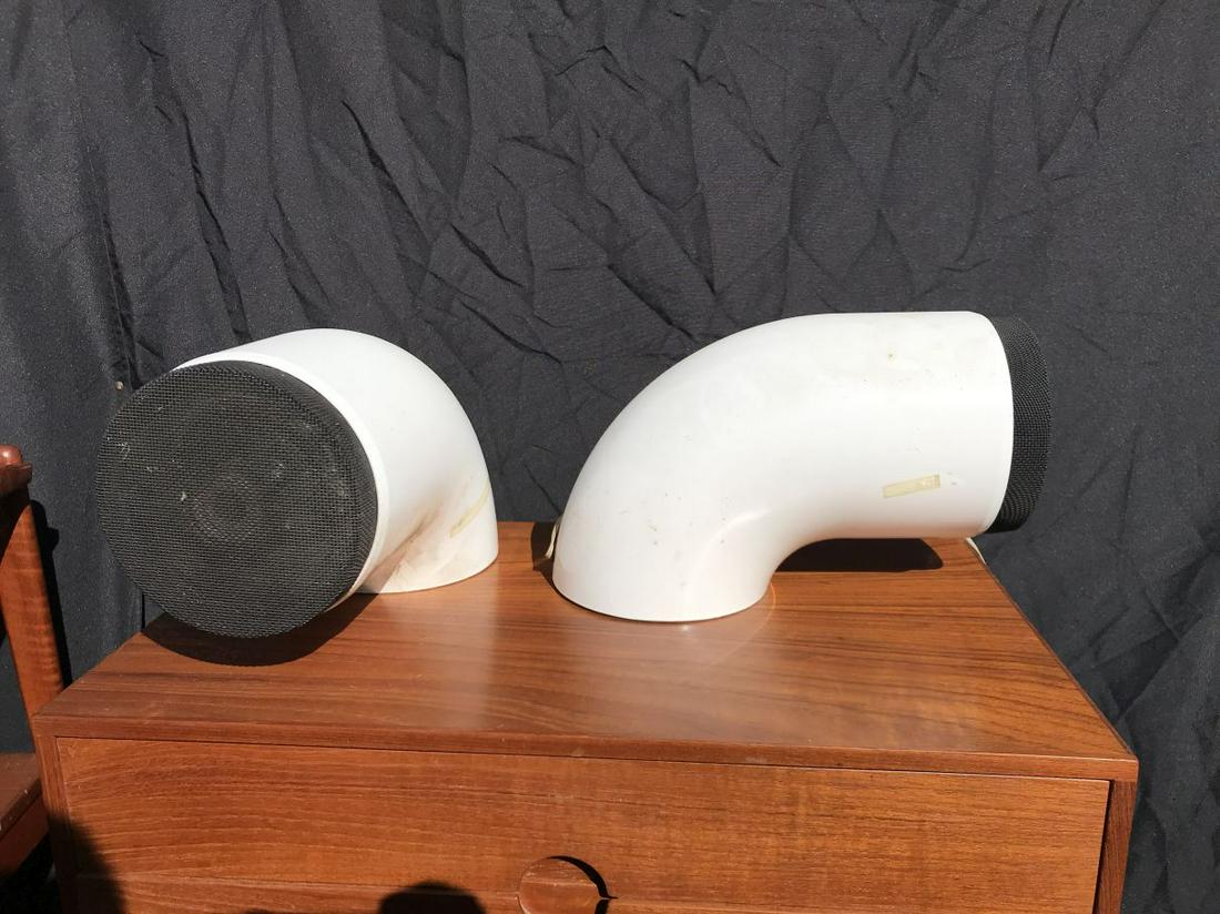 PAIR OF WHITE TUBULAR MIDCENTURY SPEAKERS 12" X 6" X: PAIR OF WHITE TUBULAR MIDCENTURY SPEAKERS 12" X 6" X 6". PROPERTY FROM THE ESTATE OF LEIF WESSMANN