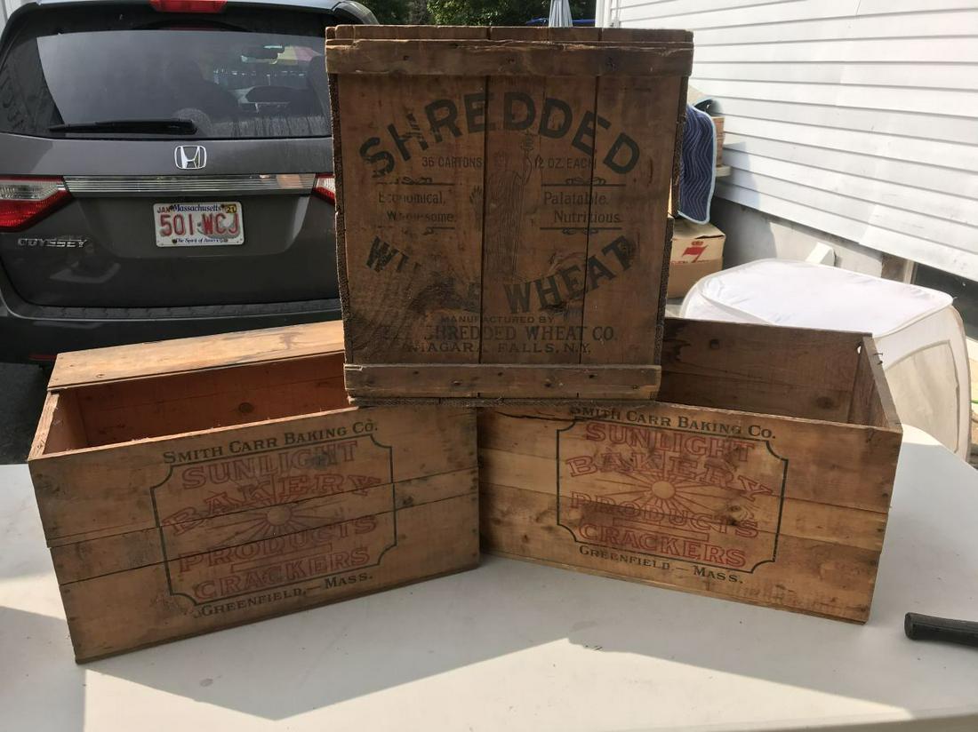 3 WOOD ADVERTISING BOXES, INCLUDE SHREDDED WHEAT AND: 3 WOOD ADVERTISING BOXES, INCLUDE SHREDDED WHEAT AND SUNLIGHT BAKERY CRACKERS. PROPERTY FROM THE LINCOLN ESTATE OF TURNERS FALLS MASSACHUSETTS