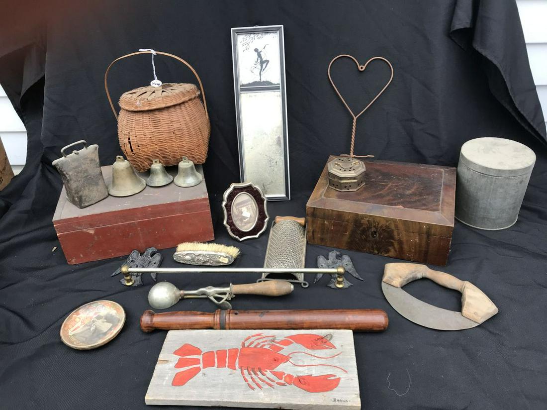 COUNTRY ANTIQUE LOT INCLUDES DOCUMENT BOXES, BASKET,: COUNTRY ANTIQUE LOT INCLUDES DOCUMENT BOXES, BASKET, BILLY CLUB, MORE. PROPERTY FROM THE LINCOLN ESTATE OF TURNERS FALLS MASSACHUSETTS