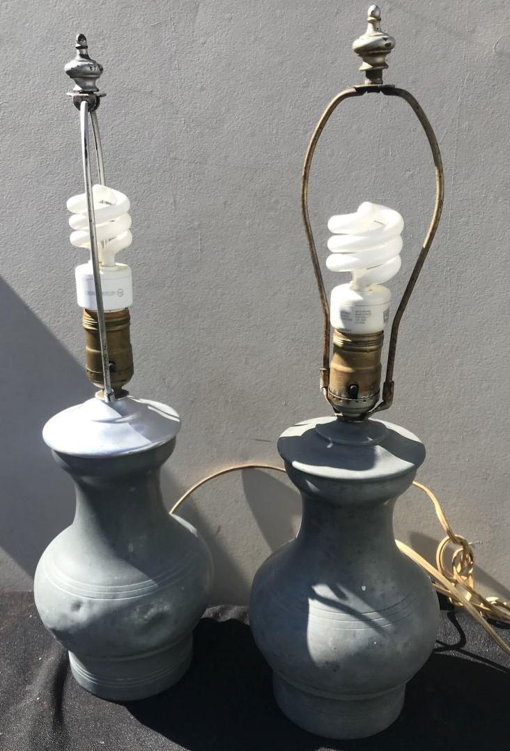 A PAIR OF BALUSTER FORM ANTIQUE PEWTER LAMPS 10" T: A PAIR OF BALUSTER FORM ANTIQUE PEWTER LAMPS 10" T BODY. PROPERTY FROM THE OLD NEWFANE INN OF VERMONT